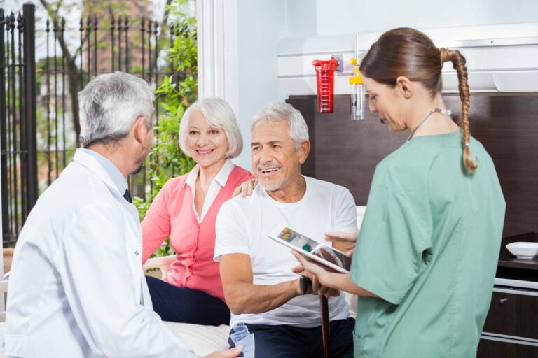 Doctors attending to elderly patients.