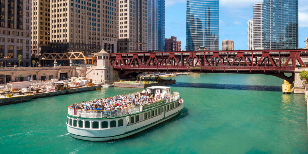 Boat in downtown Chicago river