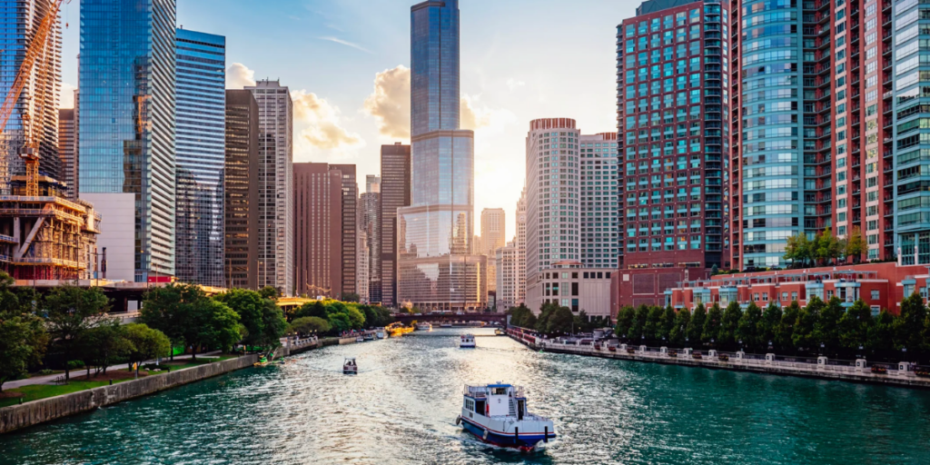 Chicago boats at sunset