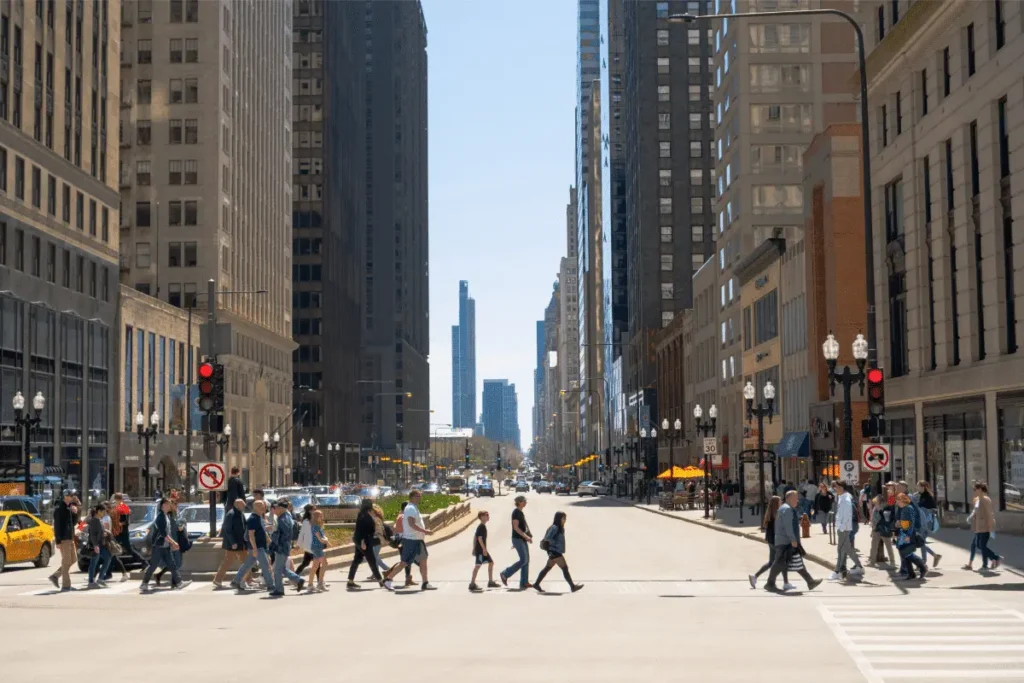 Busy Chicago street with pedestrians crossing and tall buildings