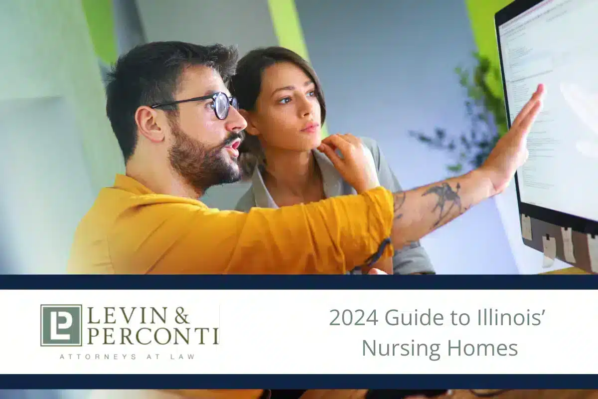 A brother and sister looking at a list of nursing homes. the text "2024 Guide to Illinois Nursing Homes" below, next to the Levin Perconti logo