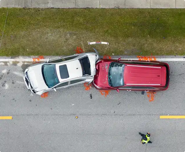Aerial view of the aftermath of a rear collision between two cars on the highway