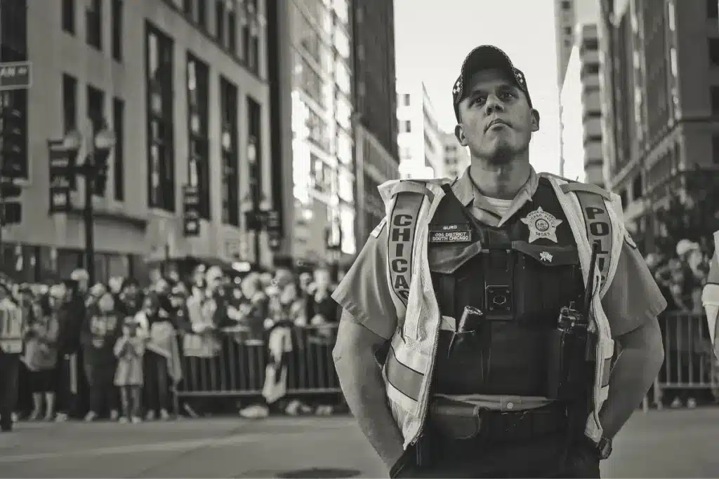 Chicago police officer in tactical vest standing at downtown protest with crowd behind barriers - black and white photograph