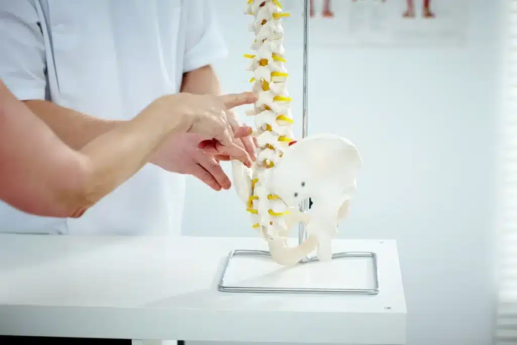 Chiropractor looking at model of spinal cord