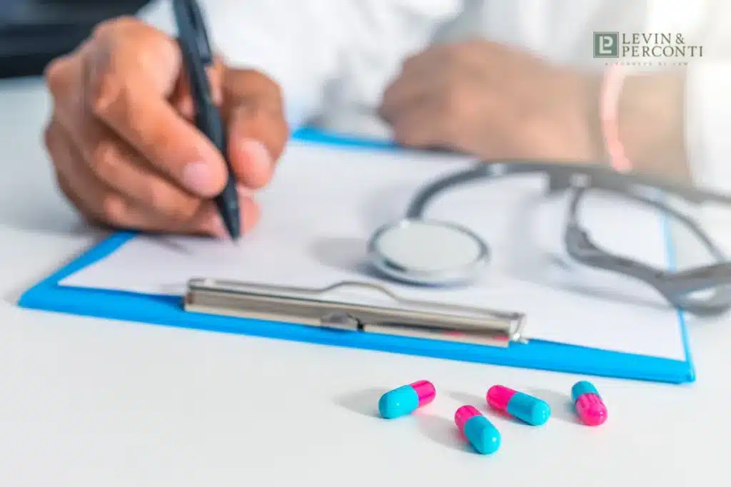 Doctor's hand writing prescription notes on clipboard with colorful blue and pink medication capsules and stethoscope on desk