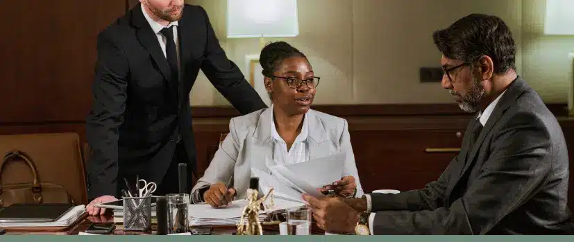 Three attorneys in business suits reviewing documents during legal consultation meeting in law office conference room