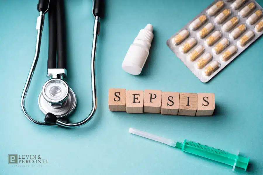 Image of medical tools and scrabble letters spelling the word Sepsis
