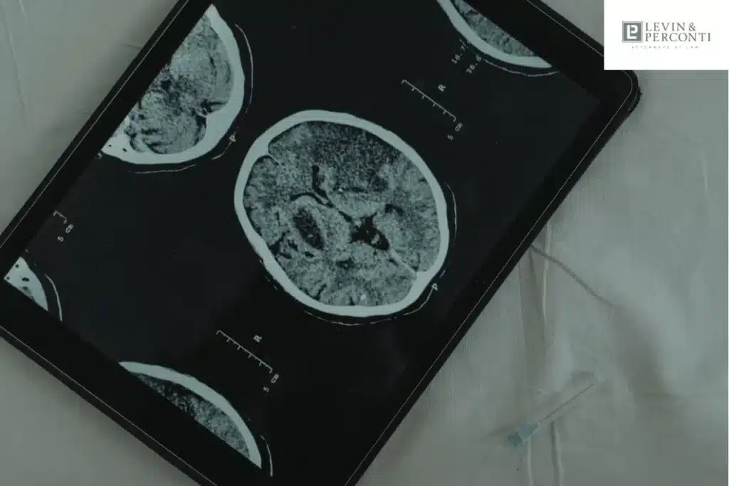 Brain CT scan showing cross-sectional head imaging on medical tablet for neurological injury diagnosis