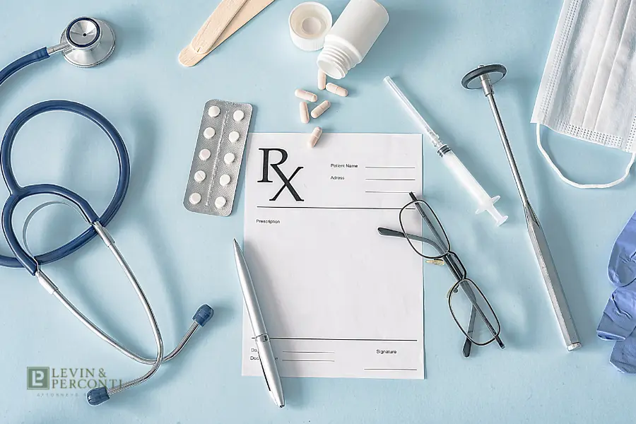 Medical supplies including stethoscope, prescription pad, medications, and syringe on blue surface