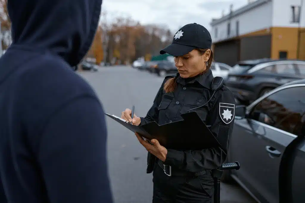 Female police officer in black uniform taking notes on clipboard during traffic stop or incident investigation
