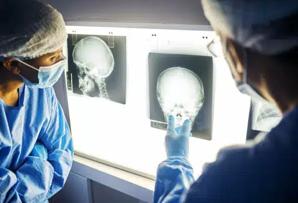 Two medical professionals in surgical scrubs examining infant skull X-rays on illuminated light box for diagnosis
