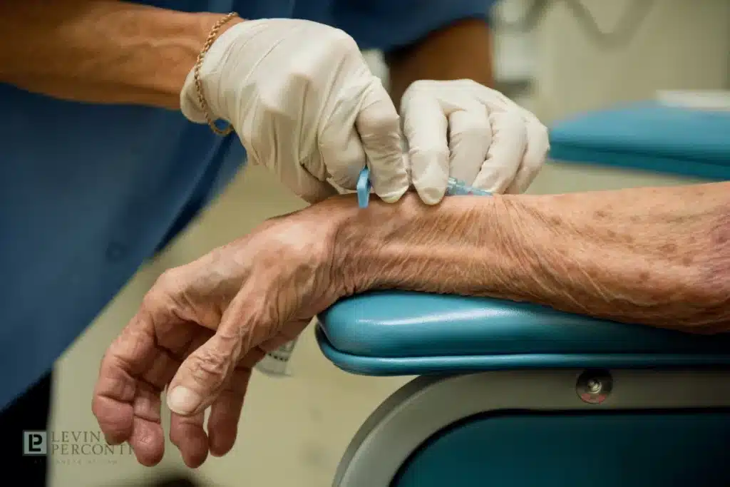 staff at nursing home working with resident