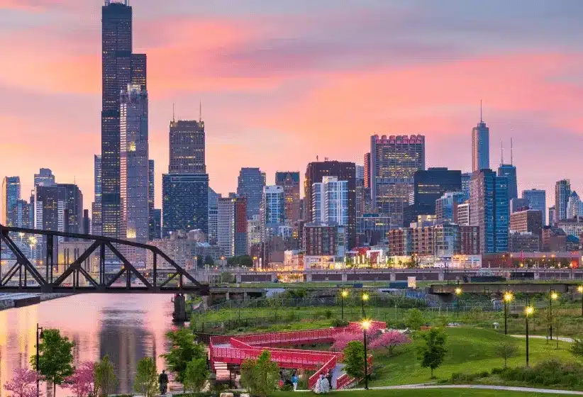Chicago skyline at sunset