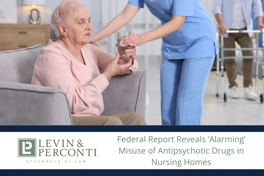 elderly woman in a nursing home receives antipsychotic medication from a nurse