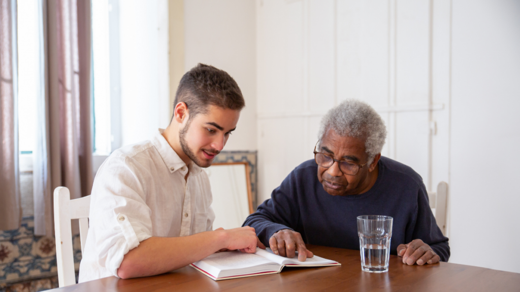 a man visiting his father at a nursing home