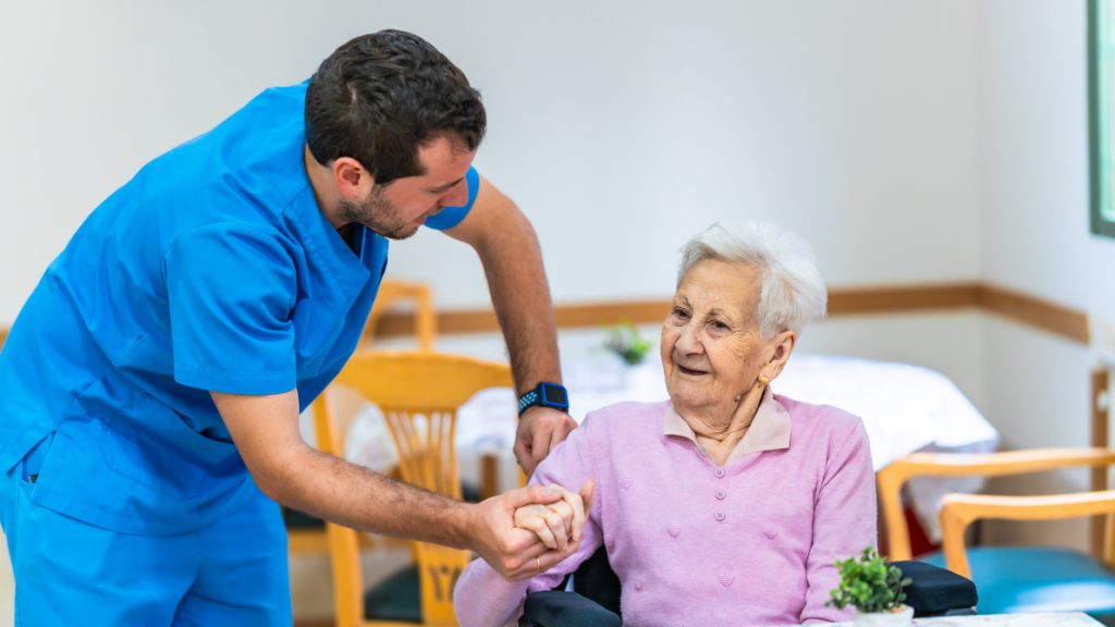 a resident at a nursing home with a nurse
