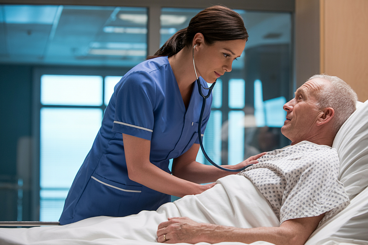 a nurse checking on a patient with a pressure injury